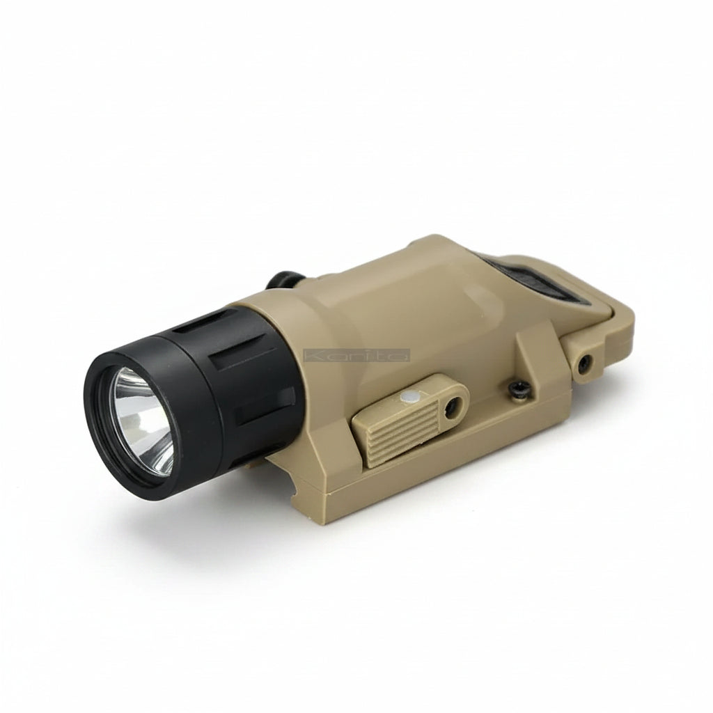 Tactical weapon light, 200 lumens, white LED, with flash function.