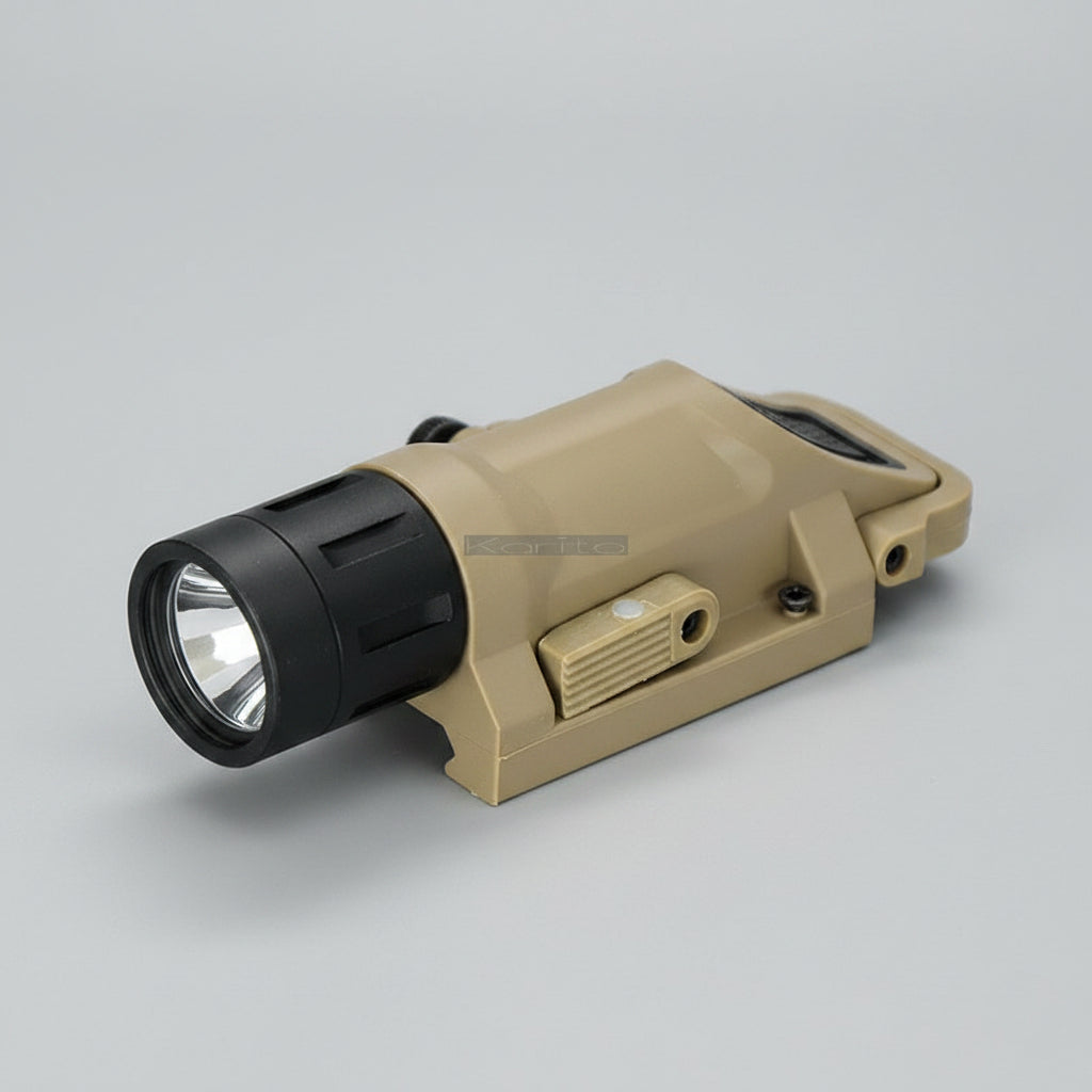 Tactical weapon light, 200 lumens, white LED, with flash function.